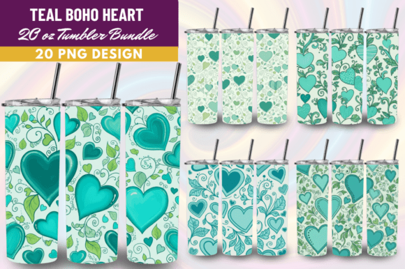 Download Teal Boho Heart Tumbler Wrap PNG Bundle - Boho heart Collection